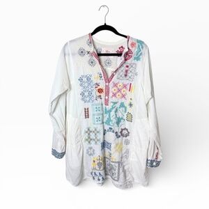 Johnny Was Biya Embroidered Henley Tunic Cover Up